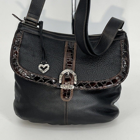 Brighton Handbags - Brighton Crossbody Bag Black Pebbled Leather Brown Patent Croc Silver Accents